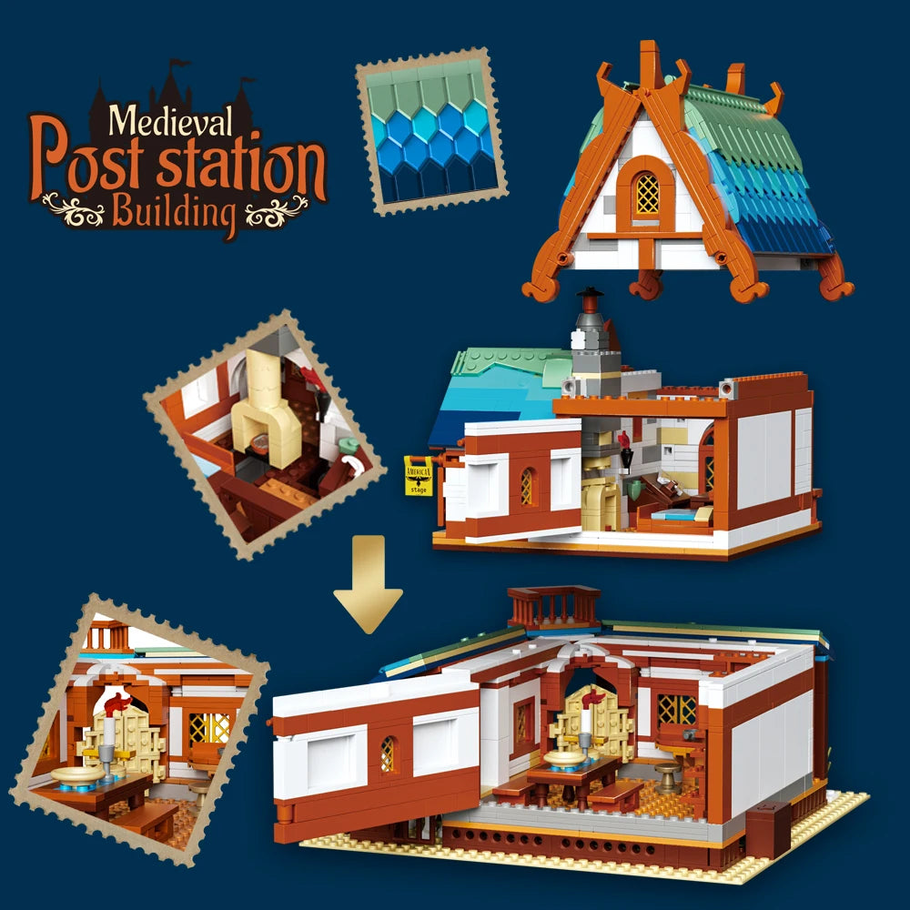 Medieval Post Station Castle Architectural Scenery Building Block Middle Ages Urban Street View Decor Micro Bricks Toys Kid Gift