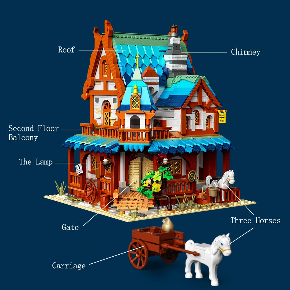 Medieval Post Station Castle Architectural Scenery Building Block Middle Ages Urban Street View Decor Micro Bricks Toys Kid Gift